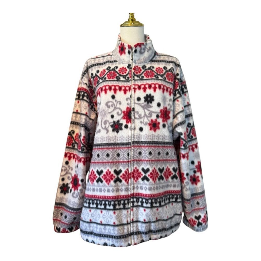 Alfred Dunner Women's Red and Black Patterned Teddy Jacket L Large